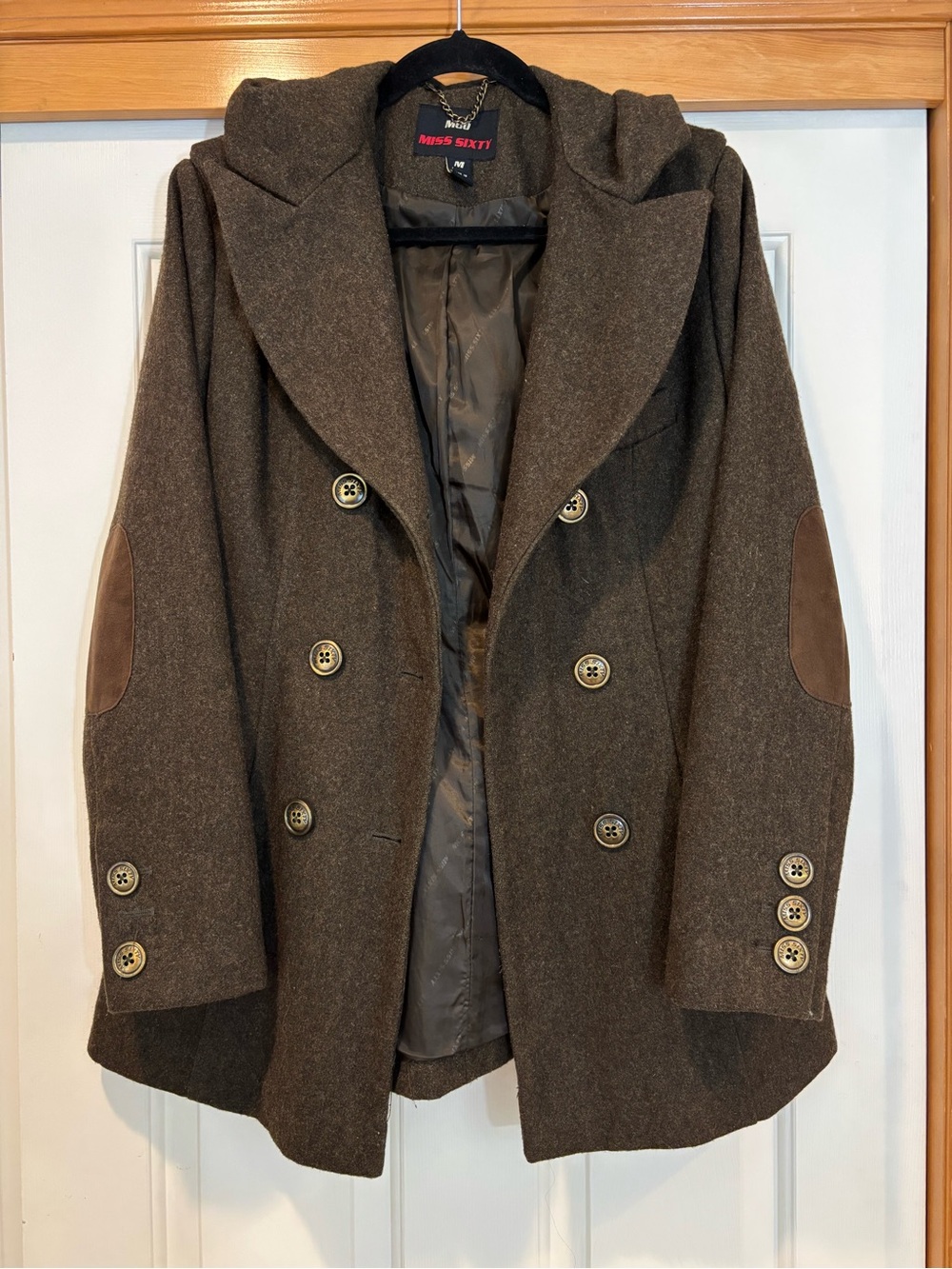 Miss Sixty Brown Double-Breasted Pea Coat with Hood